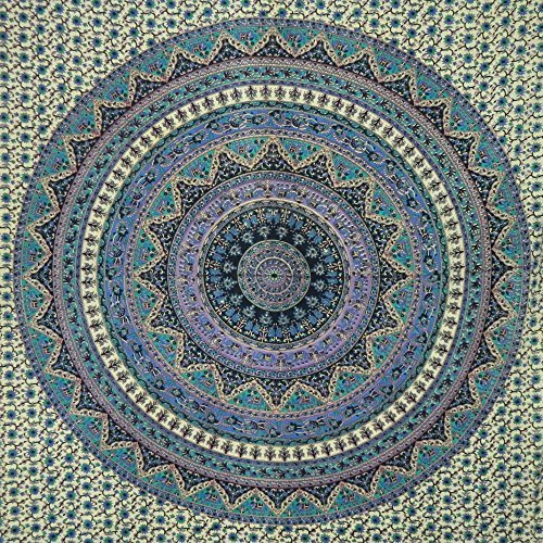 IB Tagesdecke Elefanten Blumen beige blau türkis 235 x 205 cm Baumwolle Wandbehang Dekoration