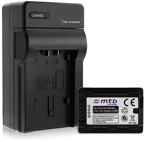 Batteria + Caricabatteria (Auto/Corrente) per VW-VBT380 / Panasonic HC-VX989... / HC-W570, W850, WX979... v. lista! con Infochip
