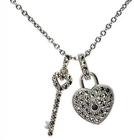 Esse Marcasite Sterling Silver Heart Lock and Key Charm Necklace with 42cm chain + 5.5cm extender
