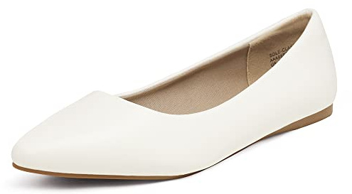 DREAM PAIRS Women's Casual Pointed Toe Ballet Pumps Slip On Ballerina Flats Shoes,Size 5.5,White/pu,Sole-Classic