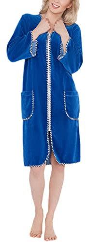 Aquarti Damen Velours Bademantel Morgenmantel Kurz mit Reißverschluss, Farbe: Blau, Größe: 5XL