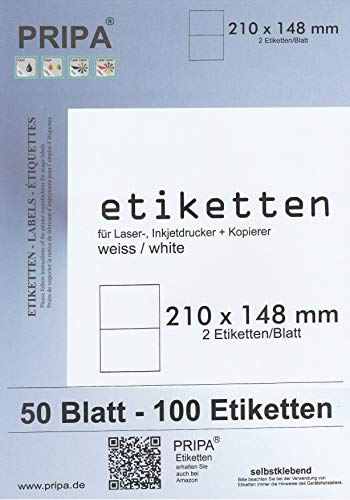 pripa Etiketten 210 x 148 mm A5-50 Blatt DIN Selbstklebende Etiketten - 100 Etiketten