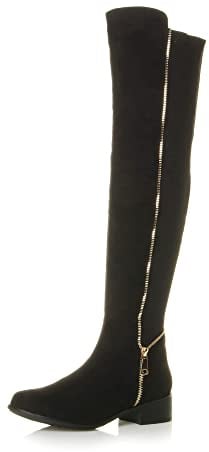 Womens Ladies high Over The Knee Stretch Pull on Low Heel Boots, Black Suede Gold Zip, 9 UK
