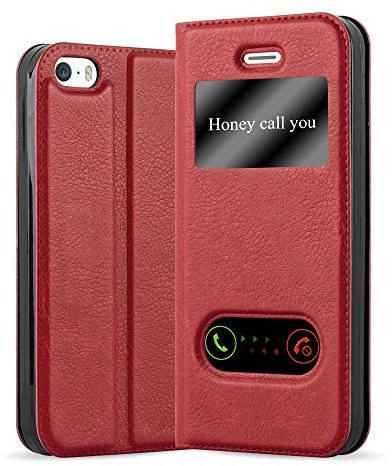 cadorabo Book Case works with Apple iPhone 5 / iPhone 5S / iPhone SE in SAFFRON RED - with Magnetic Closure, 2 Viewing Windows and Stand Function - Wallet Etui Cover Pouch PU Leather Flip