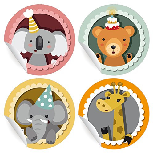 24 süße Geburtstags Aufkleber | runde Sticker mit Geburtstags Koala, Bär, Elefant und Giraffe, MATTE universal Papieraufkleber runde Sticker selbstklebende Etiketten ø 45mm