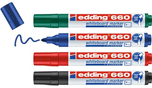 edding 660 marcador para pizarras blancas - multicolor - juego de 4 rotuladores - punta redonda 1,5-3 mm - rotulador para pizarra blanca, borrado en seco - flipchart, tablón de notas - recargable