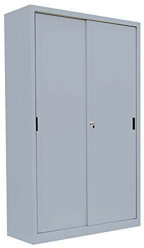 Großer Schiebetürenschrank komplett montiert grau 195x120x45cm (HxBxT) Schwebetürenschrank Büro Aktenschrank aus Stahl 550160