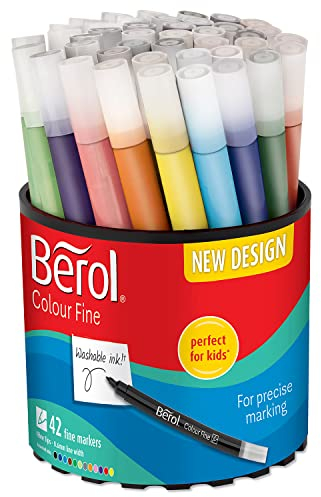 Berol Felt Tip Colouring Pens | Fine Point (0.6mm) | Assorted Colours with Washable Ink | Tub of 42 Markers