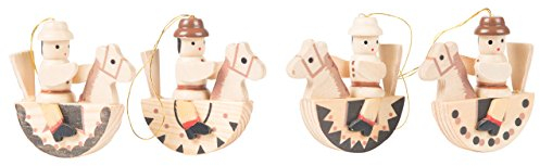 Christbaumschmuck, Weihnachtsbaumanhänger Nussknacker auf Schaukelpferd, H: 6,5 cm, Holz Natur, handbemalt im Kunsthandwerks-Stil, 4 Stück