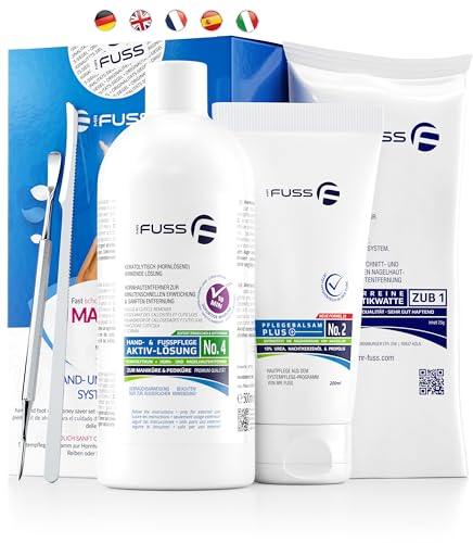 Mr. Fuss® No. 4 - Advanced Pack Complete - Groß, Nagelhaut- Hornhautentferner Sparpaket 5 tlg. Aktiv-Lösung Schnell erweichend - 500 ml, Balsam No. 2-200 ml, Watte, Besteck-Set
