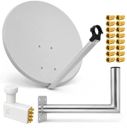 PremiumX Satelliten-Komplettanlage 80cm Satellitenantenne Hellgrau Stahl Satellitenschüssel SAT Octo LNB Wandhalter 45cm ALU 8TN