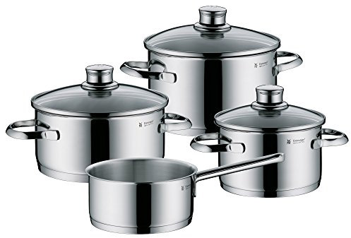 WMF Cooking Pot Set 4 Pieces Polished Frying Pan Casserole Pot Sapphire Rim Glass Saucepan Lid Cromargan Stainless Steel Suitable for Induction Cookers Dishwasher Safe
