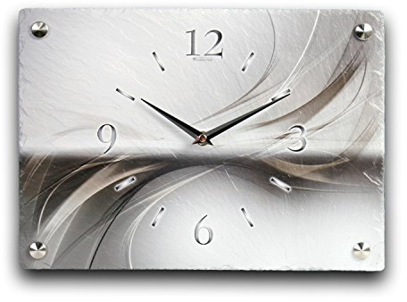 Designer-Wanduhr aus Stein (Keramik) Größe ca. 35x25cm mit flüsterleisem Uhrwerk Abstrakt (Silver Line, leises Funkuhrwerk)