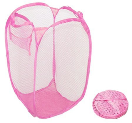 Laundary Bag Foldable Pop Up Mesh Washing Laundry Basket Bag ToyStorage (pink)