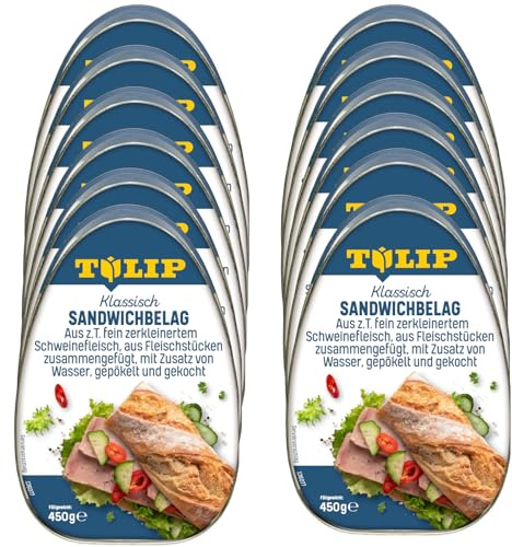 TULIP 12x 450 g Sandwichbelag aus Schweinefleisch | Frühstücksfleisch saftiges Fleisch | Brotbelag ideal für Sandwichkreationen | Frühstücksfleisch in der Konserve