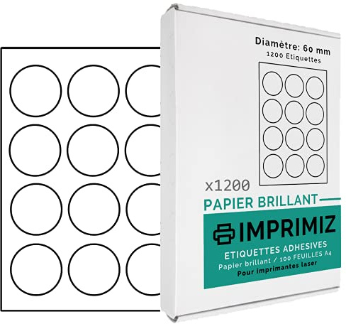 Glänzende Selbstklebeetiketten - 1200 runde Etiketten - Durchmesser 60 mm - Glänzendes weißes Papier - für Laserdrucker - 100 selbstklebende A4-Bögen