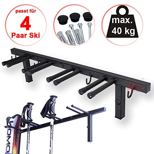 4U® Skihalter Wand-Skihalter für 4 Paar Ski, mit 4 Haken Ski Skiträger Skistöcke Nordic Walking Stöcke Wandhalter Ski Gerätehalter