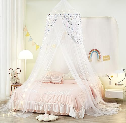 Nattey Betthimmel für Mädchen, Einhorn-Betthimmel mit Lichtern, Bettzelt, Baldachin für Bett, Mädchenzimmer, Dekoration, Baldachin für Doppel- bis King-Size-Bett