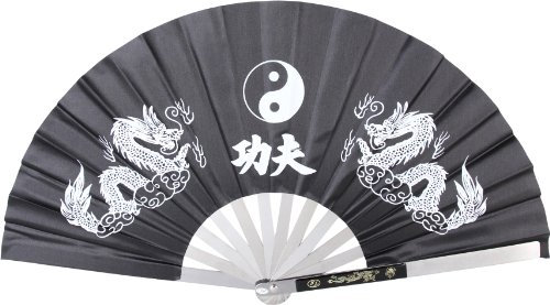 MASTER USA - Kung Fu Fighting Fan - Metal Frame, Black Nylon Fan with Dual Dragons, Ying Yang, Tai Chi Symbol - 2510-CBK - Martial Arts, Training, Cosplay, Display
