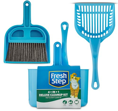 Fresh Step 4-in-1 Deluxe Litter Cleanup Kit - Cat Scoop, Broom, Dust Pan, and Hanging Caddy, Compatible with Standard Plastic Litter Pans and Disposable Litter Boxes, Blue