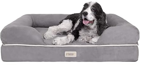 Friends Forever Large Dog Bed, Orthopedic Pet Sofa Memory Foam Mattress, Calming Dog Couch, Wall Rim Pillow, Water Resistant Liner, Washable Cover, Non-Slip Bottom, Chester, Large Grey