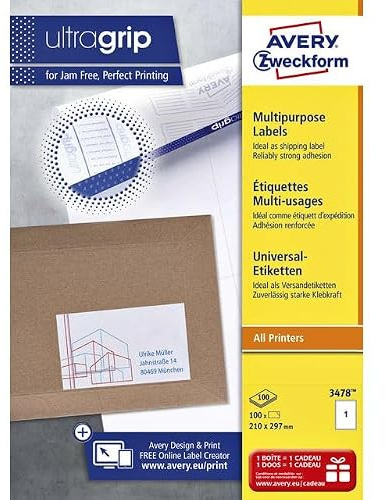 Avery Etiketten vielseitig einsetzbar für Laser- / Tintenstrahldrucker/Kopierer 210 x 297 mm 100 Stück Weiß