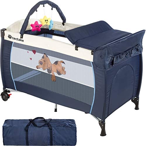 tectake® Babyreisebett, Kinderreisebett, Reisebett höhenverstellbar mit Reisebett Matratze und Transporttasche, Babybett, Reisegitterbett, tragbares Beistellbett Baby - 132 x 75 x 104 cm - Navy Blau