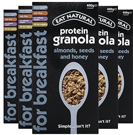 Eat Natural Protein Bars, Breakfast Bars, Protein Granola Cereal - Almonds, Seeds & Honey Granola with Whole Grain Oats - 400g x 5 Pack - Suitable for Vegetarians
