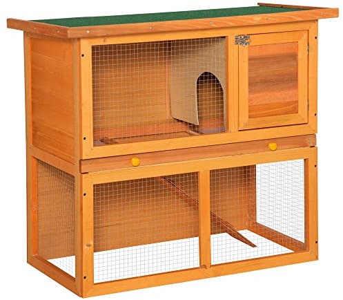 PawHut 2-Tier Rabbit Hutch Wooden Guinea Pig Hutch Double Decker Pet Cage Run with Sliding Tray Opening Top