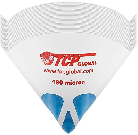 TCP Global - Confezione da 50 colini per vernice, con filtro fine da 190 micron, rete “Pure Blue” in nylon blu ultra-flusso di alta qualità, filtri a cono per vernice