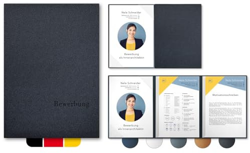5 Stück 3-teilige Bewerbungsmappen Esclusiva® Elite-plus in Anthrazit mit 2 Klemmschienen // in 1A-Premium-Qualität mit hochwertiger Flach-Prägung „BEWERBUNG“ // Produkt-Design von Mario Lemani