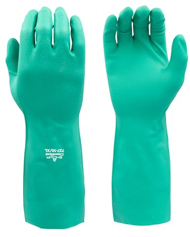 SHOWA 727 Chemical Resistant Gloves, 15-mil Unsupported Nitrile, 13-inch Extended Gauntlet, Bisque Grip, CE Cat III & Food Safe, Latex-Free, Green, Large, 12-Pack