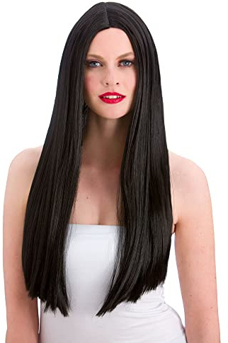 Wicked Costumes Long Straight Black Wig for Women, Halloween Fancy Dress | Long straight black wig with centre parting for Halloween, gothic costumes, witches, vampires and fancy dress parties.