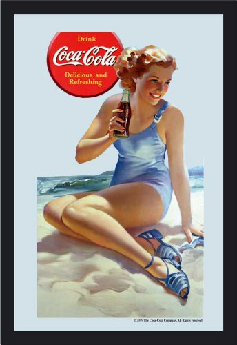 empireposter Coca Cola - Pin up Beach Bedruckter Spiegel Kunststoff Rahmen in Holzoptik, Kult-Spiegel - Größe 30x40 cm
