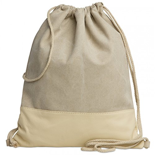 Caspar Echt Leder Beutel unisex Baumwoll Canvas Turnbeutel im Vintage Retro Style - SIGNATURE LINE - Modell No.714 - Made in Italy, Farbe:beige, Größe:One Size