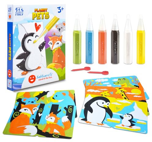 Sabbiarelli Sand-it For Fun - Kit Planet Welpen, kreatives Bastelset zum Ausmalen mit Sand, 2-in-1 Lern- und Assoziationsspiel, handwerkliche Aktivität, für Kinder ab 3 Jahren