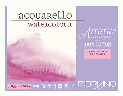 Fabriano - Artistico - 00303045 - Watercolour Paper Block, Hot Pressed, 300 gsm, 30.5 x 45.5 cm, 12 x 18 - 20 Sheets - Extra White