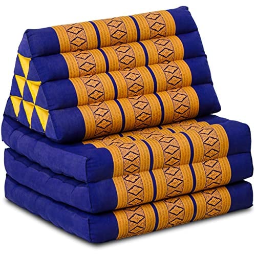 livasia Thaikissen mit 3 Auflagen - 175x50x8cm - Dreieckskissen mit Klappmatratze, Keilkissen Kapok, Rückenkissen faltbar, Thaimatte zum Klappen, handgefertigt, Meditationskissen (Blau/Gelb)