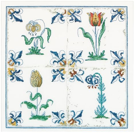 Thea Gouverneur - Counted Cross Stitch Kit - Antique Tiles Flowers - Aida - 18 Count - Embroidery Kit for Adults - DMC Embroidery Threads and Other Cross Stitch Supplies Included - 485A