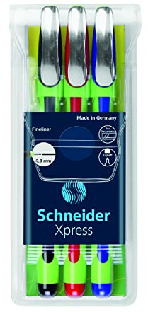 Schneider Xpress Fineliner Porous Point Pen, Stick, Medium 0.8 Mm, Assorted Ink Colors, Green Barrel, 3/Pack