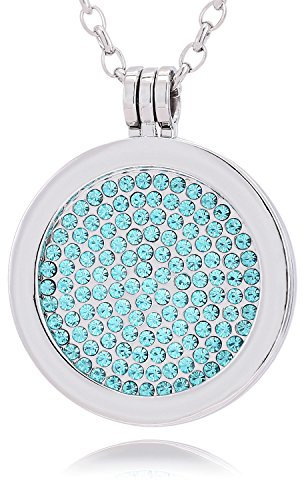 Morella Damen Halskette 70 cm Edelstahl und Anhänger mit Coin Glitzersteine hellblau 33 mm im Schmuckbeutel