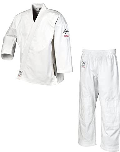 Ju-Sports Ju-Jutsu Anzug Cayon Weiß 150 I Moderner Jujutsu Anzug Kinder & Erwachsene I Kampfanzug fürs Training I Doppelt verstärkter Brust- & Schulterbereich I 100% Baumwolle