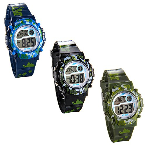 JewelryWe 2pcs Kinder Studenten Armbanduhr, Multifunktions Camouflage Digital Elektronische Uhr Sportuhr mit LED Licht, Alarm, Stoppuhr, Kalender, Datum und Tag Farbe: Schwarz, Blau, Grün