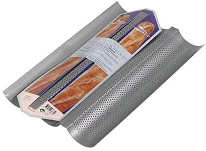 PATISSE 03664 - Moule à Baguettes, Ficelles, Pains ou Tuiles 3 Compartiments en Acier Revêtu Perforé Silver-Top - Gris argenté 38x25cm