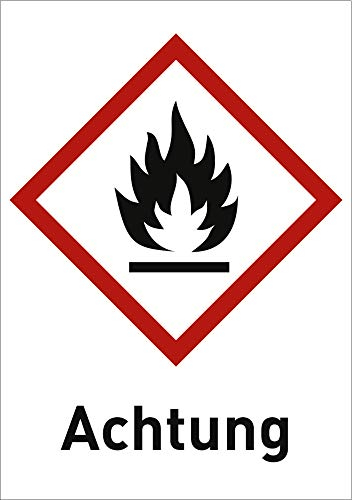 Gefahrstoffetiketten Flamme (GHS 02) mit Zusatztext darunter: Achtung 14,8 x 10,5cm Folie Für entzündbare Gase, Aerosole, Flüssigkeiten oder Feststoffe.