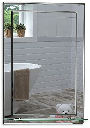 Neue Design Mood® Premium Rectangular Bathroom Mirror with Shelf, Wall Mounted Bevelled Frameless Mirrors, Double Layer of Glass, Toilet Bedroom Hallway, (60cm x 43cm)