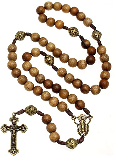 Alexander Castle Our Father Solid Wooden Rosary Beads (Handmade - Brazilian Walnut) with Miraculous Medal Junction - Comes in Velour Gift Pouch