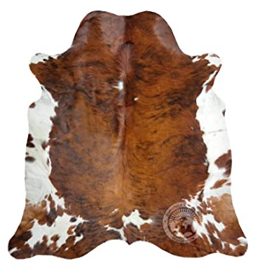 Sunshine Cowhides – Cowhide Rug for Living Room, Bedroom, Nursery, Office & Western Décor – Animal Cow Skin, & Statement Carpet – Tricolor Brindle Cream Brown, Extra Large 6x7-8 Ft