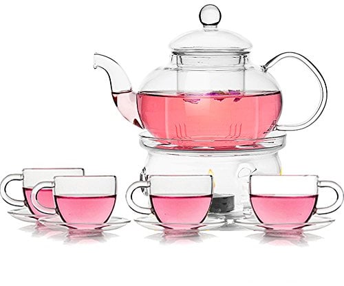 TAMUME Classic-Stil Blühende Glas Tee-Set Inklusive 1 * 600ml Teekanne und 1 Tee-Wärmer mit 4 Tassen und 4 * 100ml Untertassen Glasgeschirr Teekanne und Tee-Set
