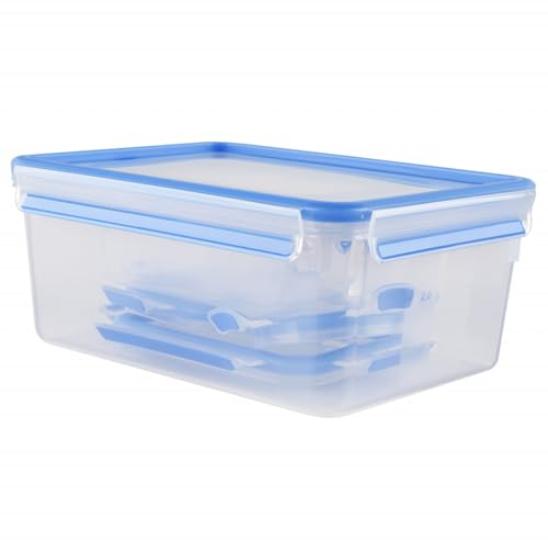 EMSA Clip & Close Frischhaltedosen-Set, rechteckig, 0,15 u. 0,2 u. 0,55 u. 1,00 u. 3,70 L, Aufbewahrungsboxen, 100 Prozent dicht, spülmaschinen-, gefrier-, mikrowellenfest, Transparent, Blau, 508568